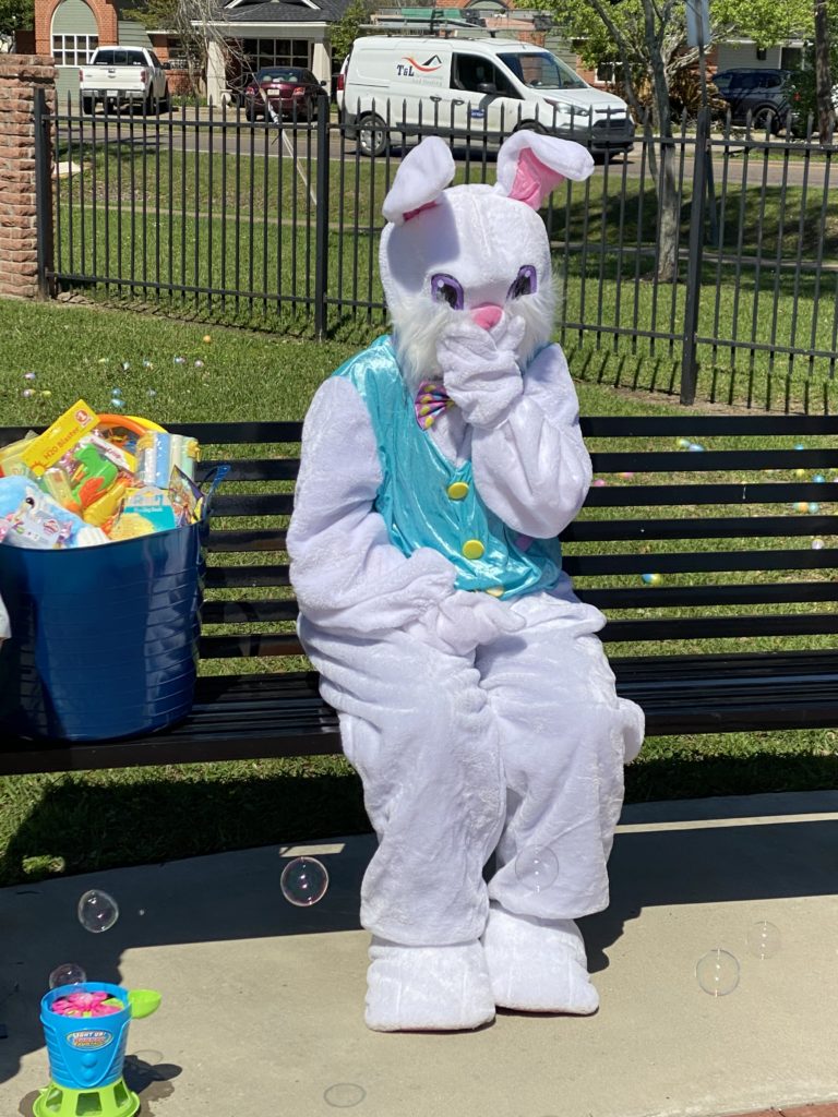 costume bunny sitting on bench